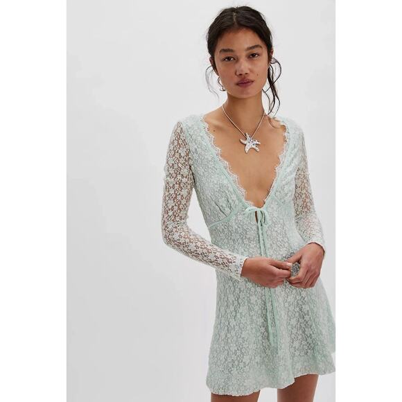 (S) NWT Free People Petra Lace Long Sleeve Mini Dress Billowing Sail Mint - Picture 5 of 8
